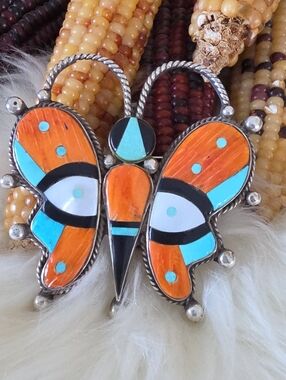 Native American Navajo Inlaid Gemstone Butterfly Pin/ Pendant By Dee Brown 🦋🧡